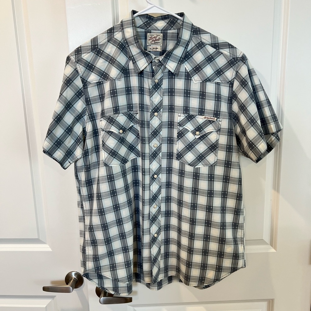 Lucky Brand Navy and White Plaid Button Down Shirt Snap Button closure